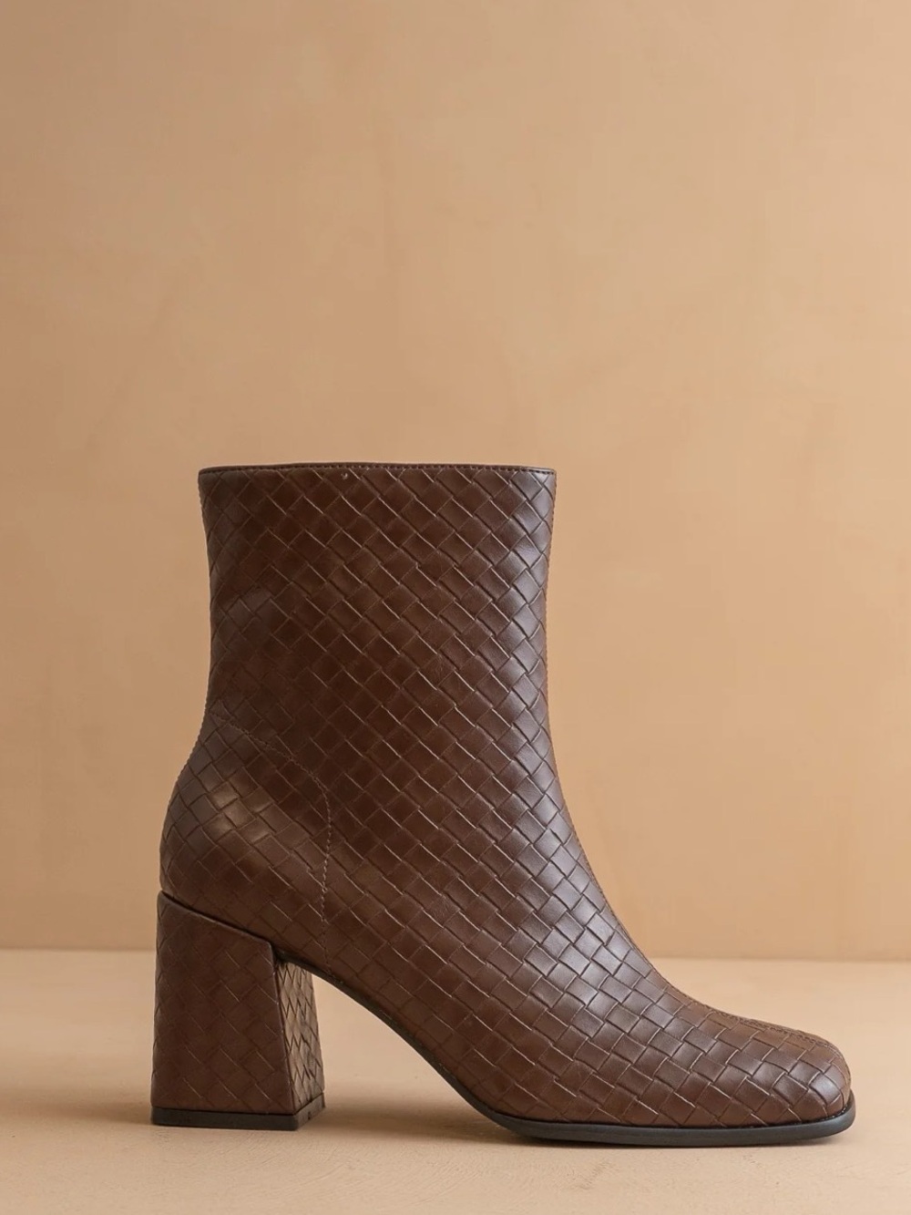 Woven Leather Block Heel Ankle Boot - Brown